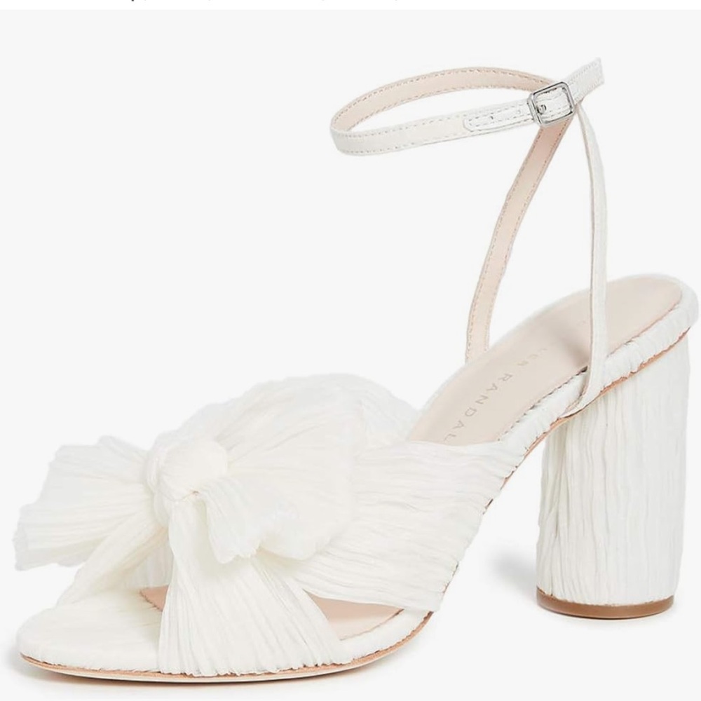 Loeffler Randal Camellia Pleated Bow Heel w/ Ankle Strap, Off White, Size 9